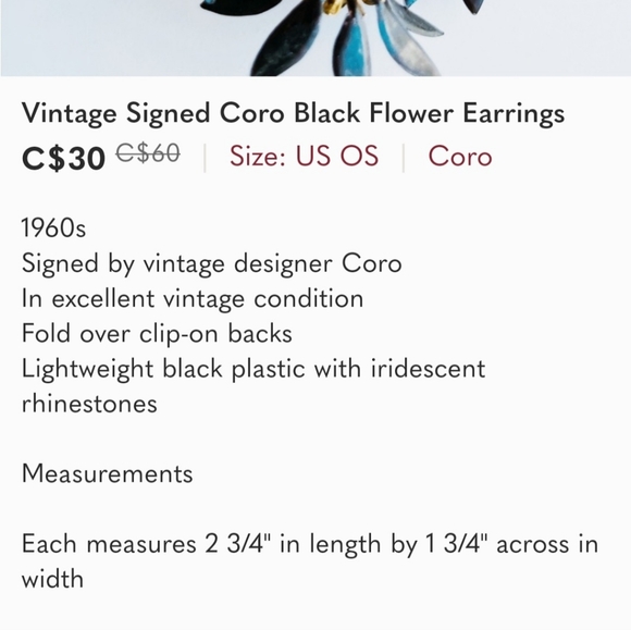 Vintage Signed Coro Black Flower Earrings - Picture 6 of 6